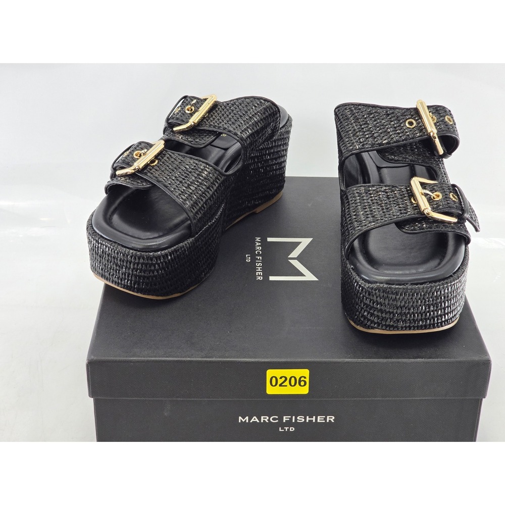 Marc Fisher Poppy Platform Sandals Womens 8.5 Black Woven Buckle - Excellent